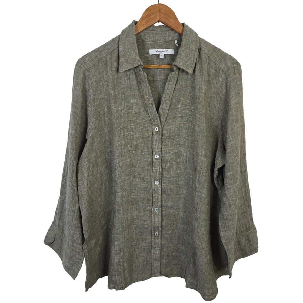 Foxcroft NYC Women XXL Olive Green 100% Linen Button Up V-Neck Tunic Blouse